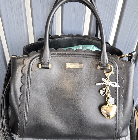 Kate Spade Black Satchel with Black & Gold Crossbody Straps w/Heart & Flowers C. - Picture 3 of 15